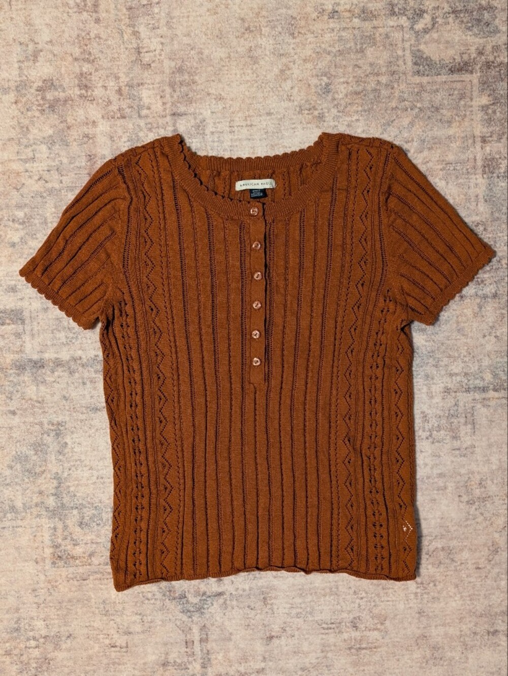 American Eagle Outfitters Rust Ribbed Button-Front Short Sleeve Top